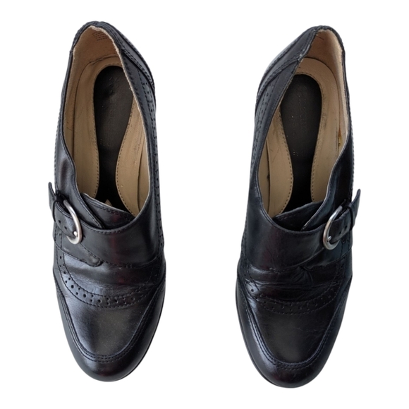 Naturalizer Black Leather Heeled Loafers Shoes Buckles Decorative Stitching 7W - Picture 6 of 12